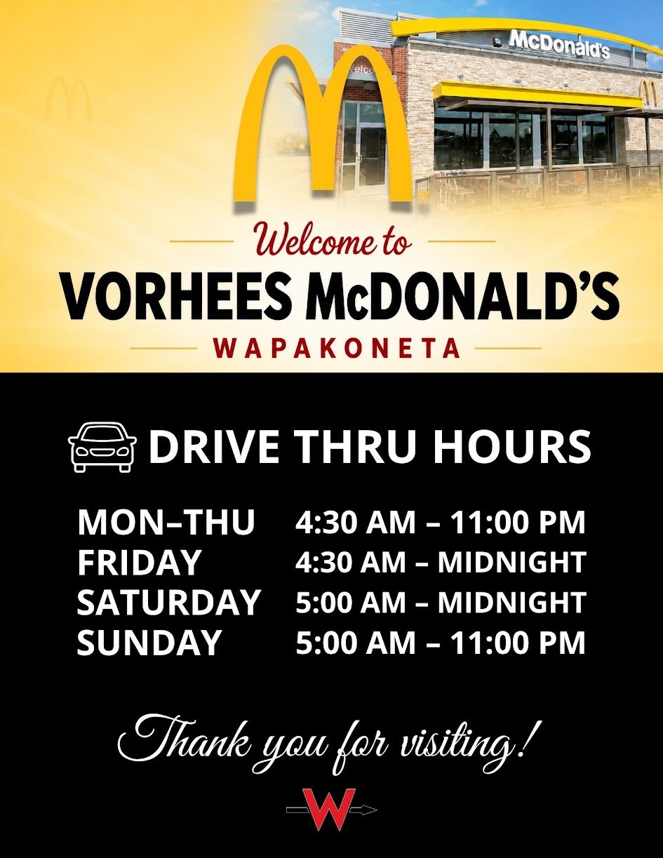 Vorhees McDonald's Wapakoneta hours sign