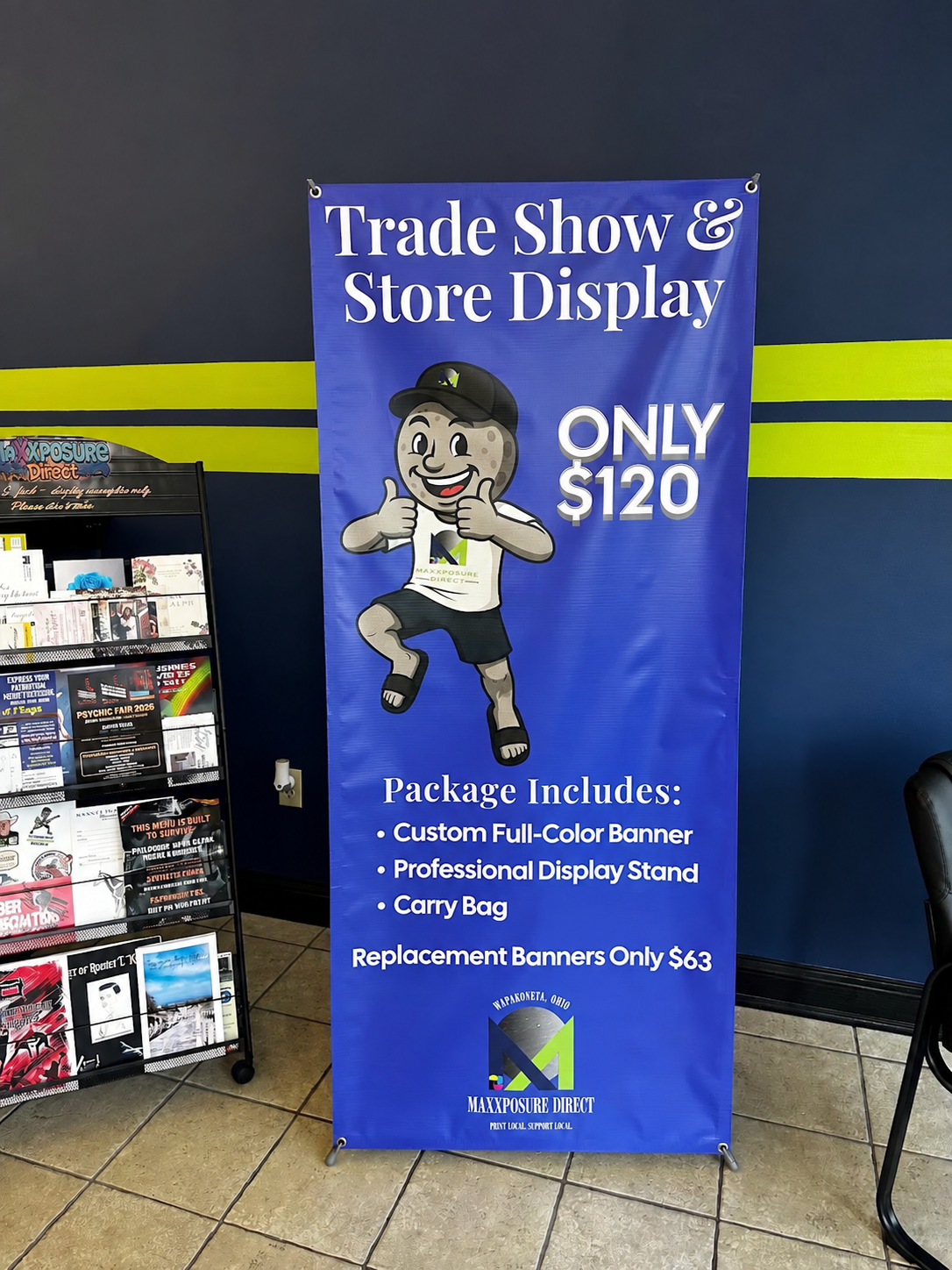 MaXXposure Direct trade show and store display package with custom full-color banner and stand